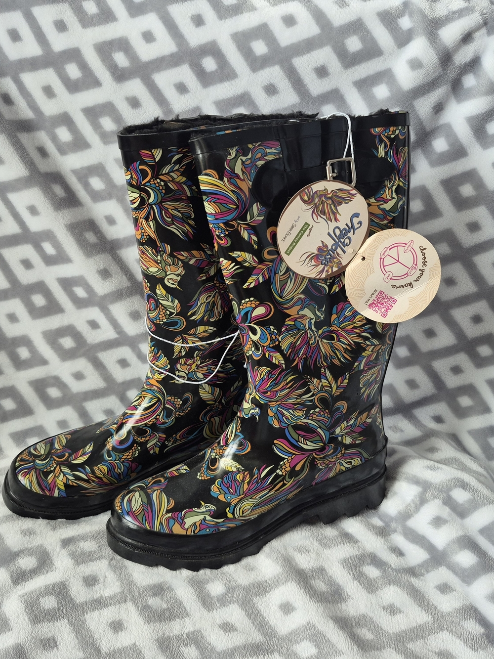 Sakroots Colorful Floral Print Black Rain Boots - Women's Size 7 (NWT)